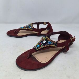 Long Beach Red Suede Jeweled Beaded Thong Sandals Festival Boho Beachy Size 7